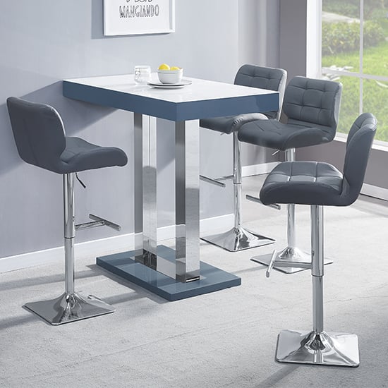 Cortina White Grey Gloss Bar Table With 4 Canyon Grey Stools