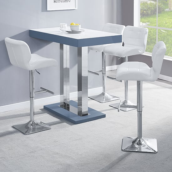 Cortina White Grey Gloss Bar Table With 4 Canyon White Stools