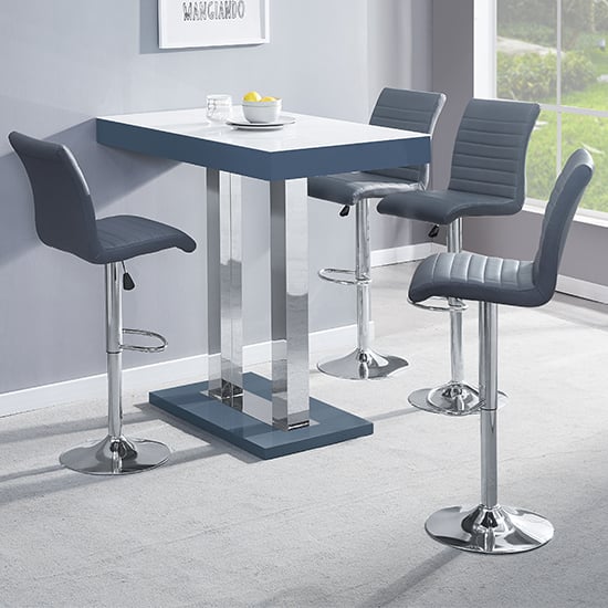 Cortina White Grey Gloss Bar Table With 4 Rifle Grey Stools