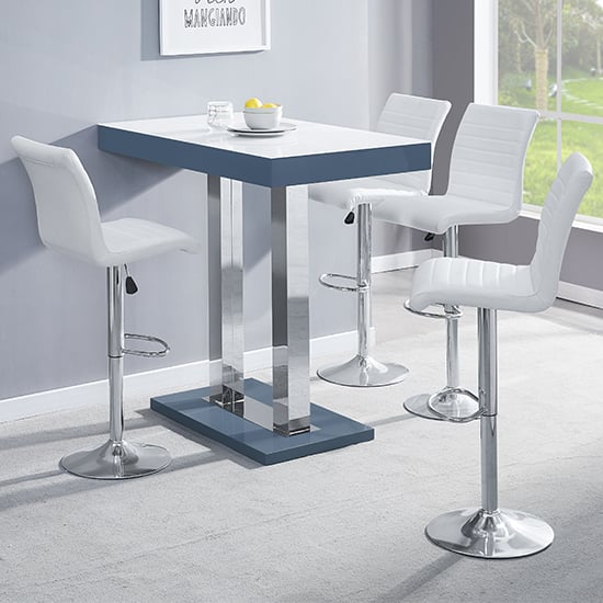 Cortina White Grey Gloss Bar Table With 4 Rifle White Stools
