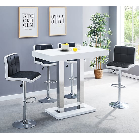 Cortina White High Gloss Bar Table 4 Cortez Black White Stools