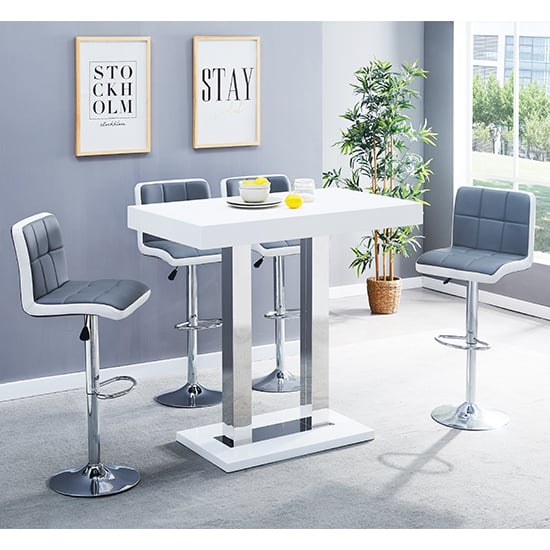 Cortina White High Gloss Bar Table 4 Cortez Grey White Stools