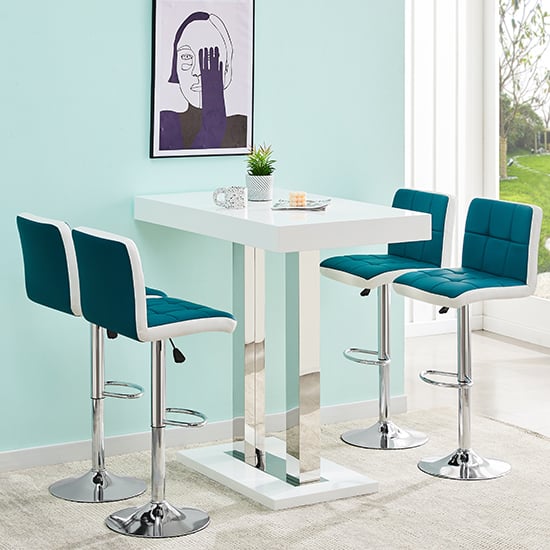 Cortina White High Gloss Bar Table 4 Cortez Teal White Stools