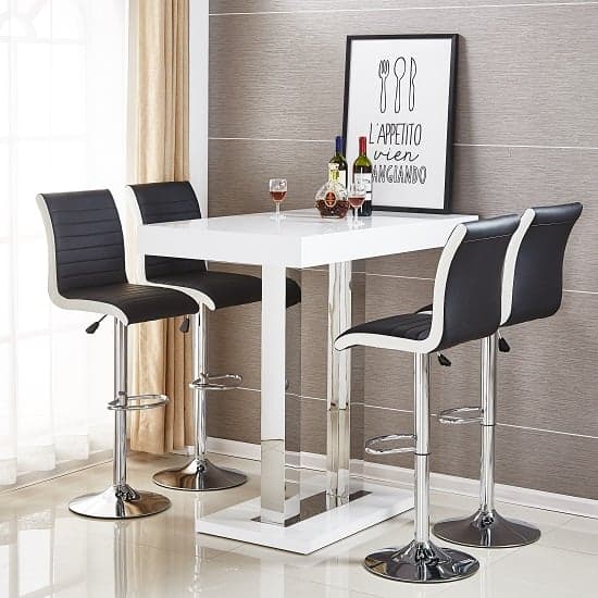 Cortina White High Gloss Bar Table 4 Riga Black White Stools