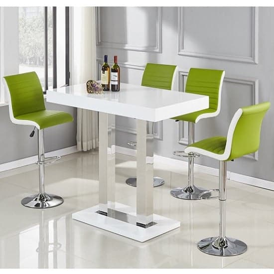 Cortina White High Gloss Bar Table 4 Riga Green White Stools