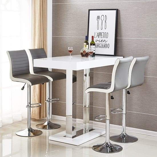 Cortina White High Gloss Bar Table 4 Riga Grey White Stools