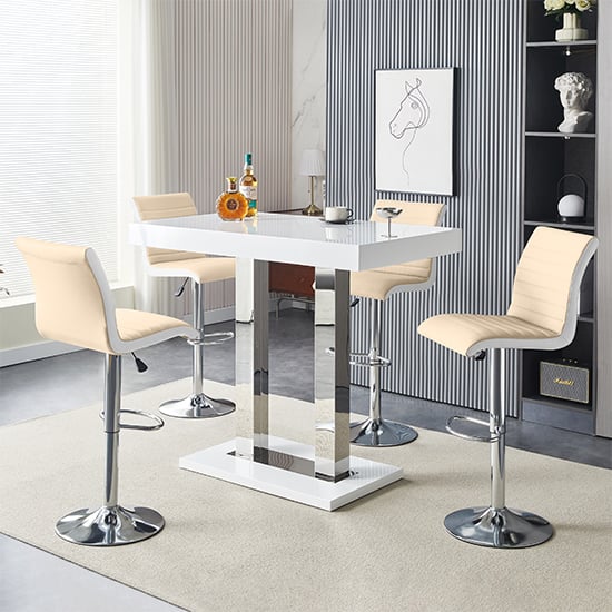 Cortina White High Gloss Bar Table 4 Riga Taupe White Stools