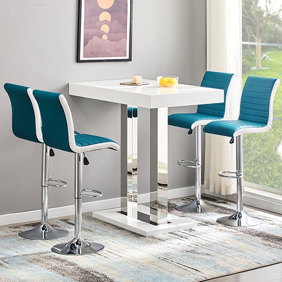 Cortina White High Gloss Bar Table 4 Riga Teal White Stools