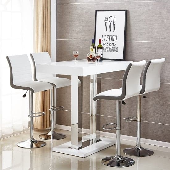 Cortina White High Gloss Bar Table 4 Riga White Grey Stools