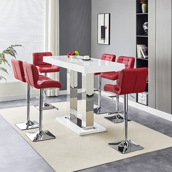 Cortina White High Gloss Bar Table Large 6 Canyon Bordeaux Stools