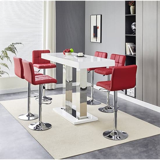 Cortina White High Gloss Bar Table Large 6 Concord Bordeaux Stools