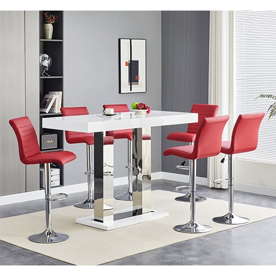 Cortina White High Gloss Bar Table Large 6 Rifle Bordeaux Stools