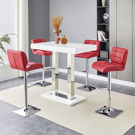 Cortina White High Gloss Bar Table Small 4 Canyon Bordeaux Stools