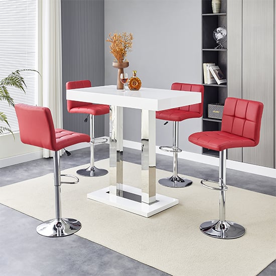 Cortina White High Gloss Bar Table Small 4 Concord Bordeaux Stools