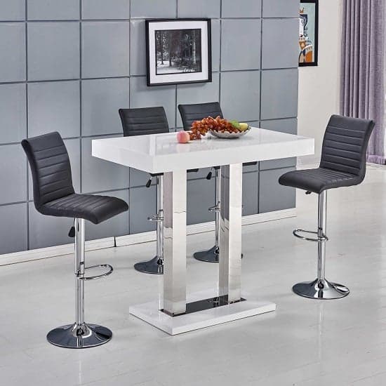 Cortina White High Gloss Bar Table With 4 Rifle Black Stools