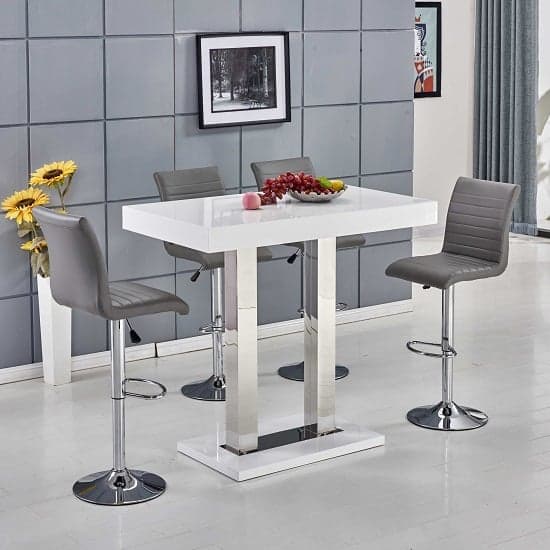 Cortina White High Gloss Bar Table With 4 Rifle Grey Stools