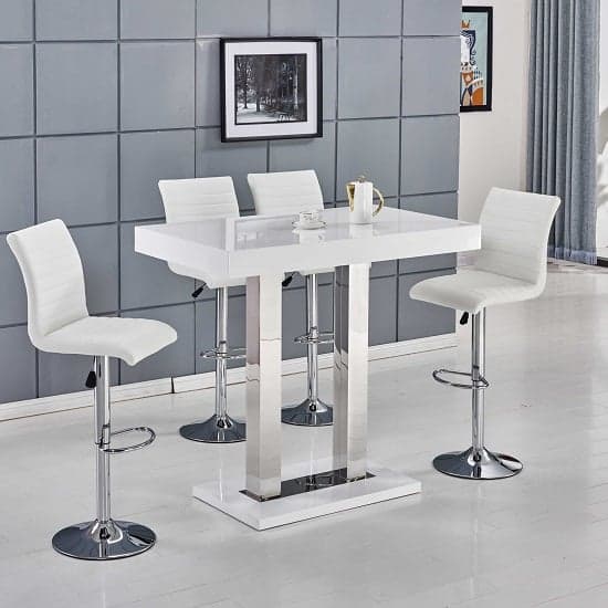 Cortina White High Gloss Bar Table With 4 Rifle White Stools