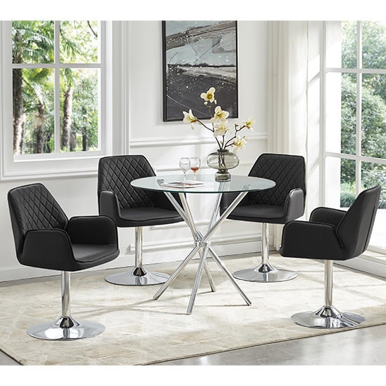 Cripple Cross Glass Dining Table With 4 Burwell Black Chairs