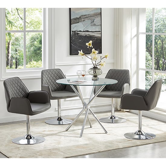 Cripple Cross Glass Dining Table With 4 Burwell Grey Chairs