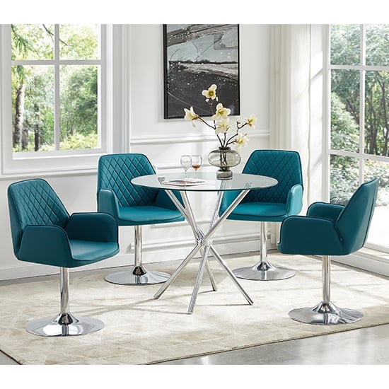 Cripple Cross Glass Dining Table With 4 Burwell Teal Chairs