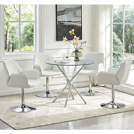 Cripple Cross Glass Dining Table With 4 Burwell White Chairs