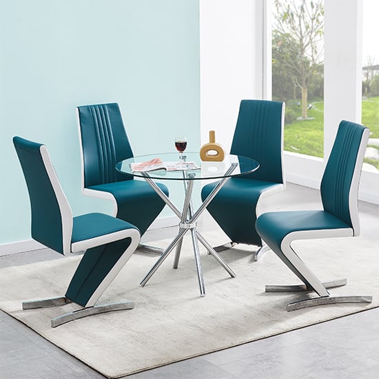 Cripple Cross Glass Dining Table With 4 Girona Teal White Chairs