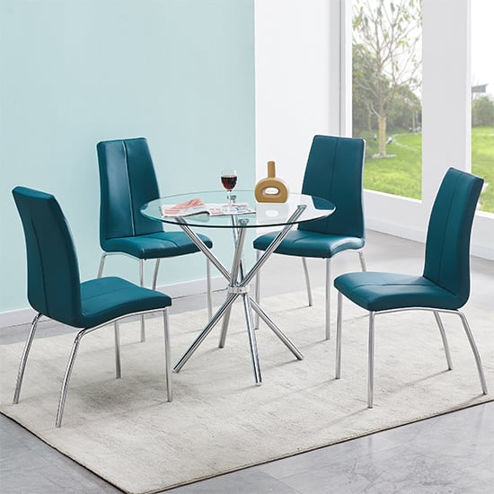 Cripple Cross Glass Dining Table With 4 Opelika Teal Chairs