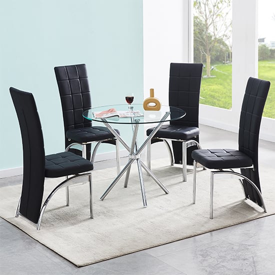 Cripple Cross Glass Dining Table With 4 Riverton Black Chairs