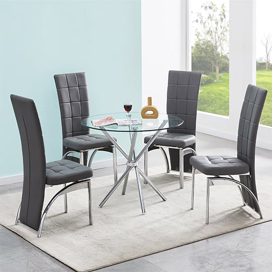 Cripple Cross Glass Dining Table With 4 Riverton Grey Chairs