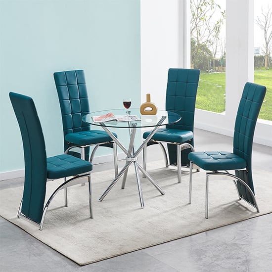 Cripple Cross Glass Dining Table With 4 Riverton Teal Chairs