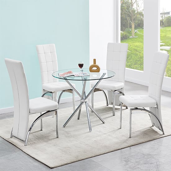 Cripple Cross Glass Dining Table With 4 Riverton White Chairs