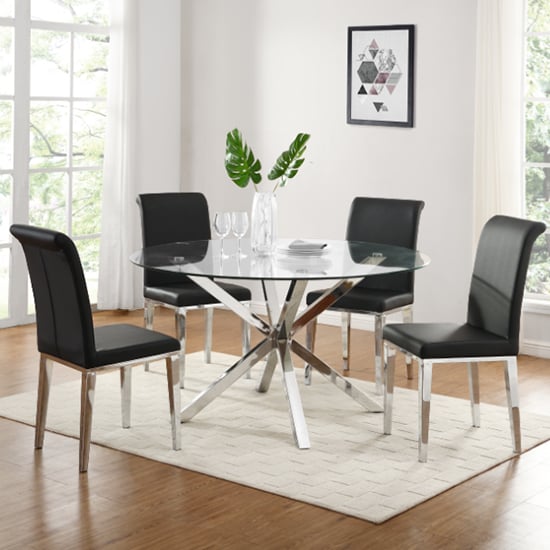 Crossville Round Glass Dining Set With 4 Kinston Black Chairs