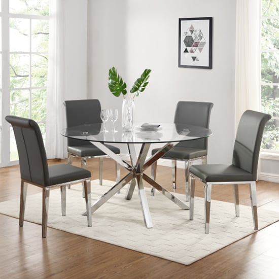 Crossville Round Glass Dining Set With 4 Kinston Grey Chairs