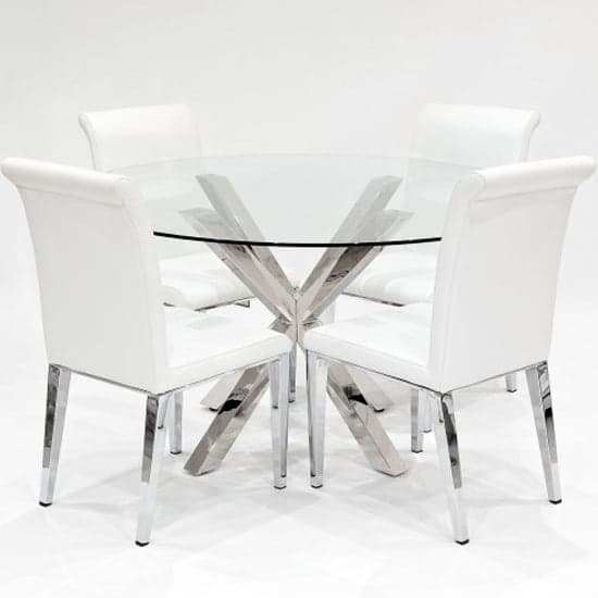 Crossville Round Glass Dining Set With 4 Kinston White Chairs