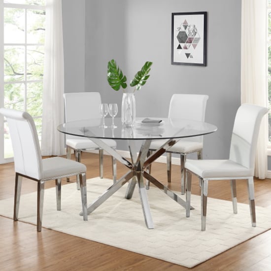 Crossville Round Glass Dining Set With 4 Kinston White Chairs