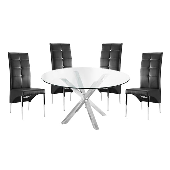 Crossville Round Glass Dining Table With 4 Versilia Black Chairs