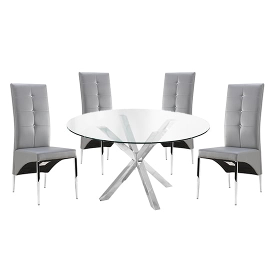 Crossville Round Glass Dining Table With 4 Versilia Grey Chairs