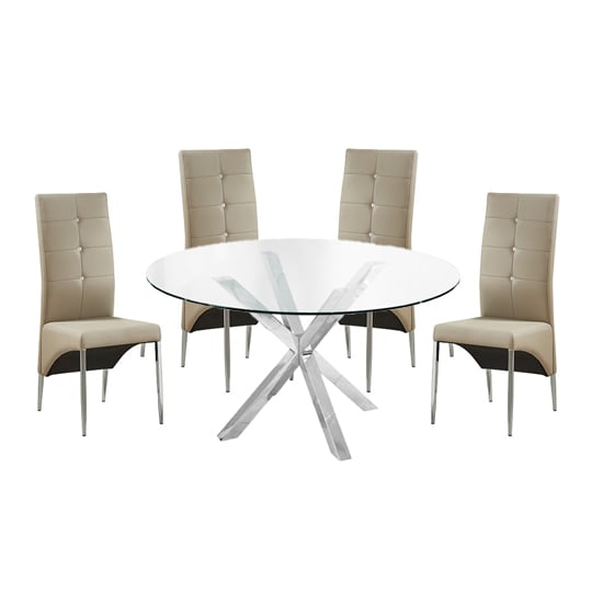 Crossville Round Glass Dining Table With 4 Versilia Taupe Chairs