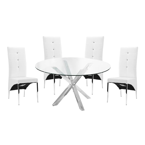 Crossville Round Glass Dining Table With 4 Versilia White Chairs