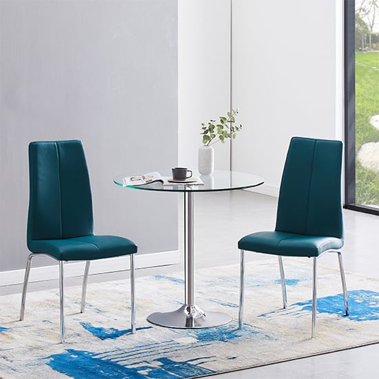 Danville Clear Glass Dining Table With 2 Opelika Teal Chairs