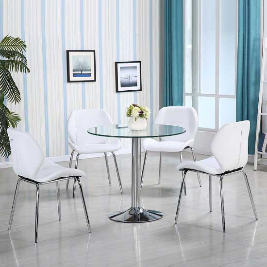 Danville Clear Glass Dining Table With 4 Darien White Chairs