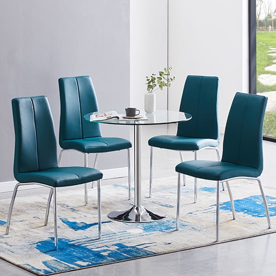 Danville Clear Glass Dining Table With 4 Opelika Teal Chairs