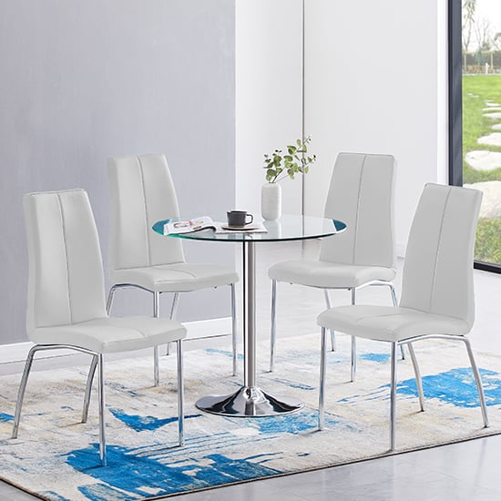 Danville Clear Glass Dining Table With 4 Opelika White Chairs