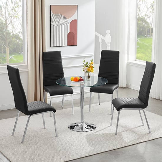 Danville Round Clear Glass Dining Table With 4 Dortmund Black Chairs