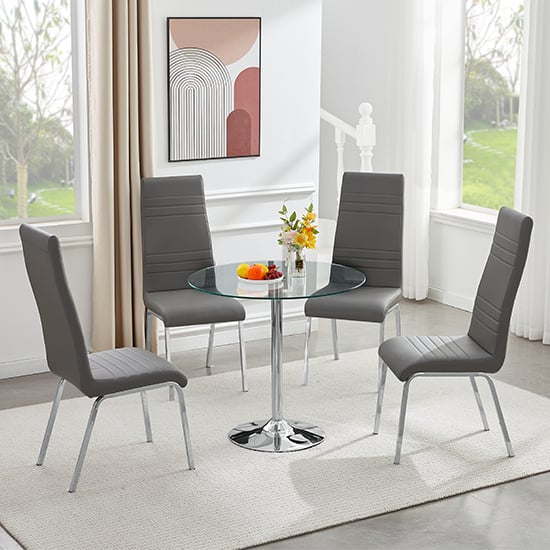 Danville Round Clear Glass Dining Table With 4 Dortmund Grey Chairs