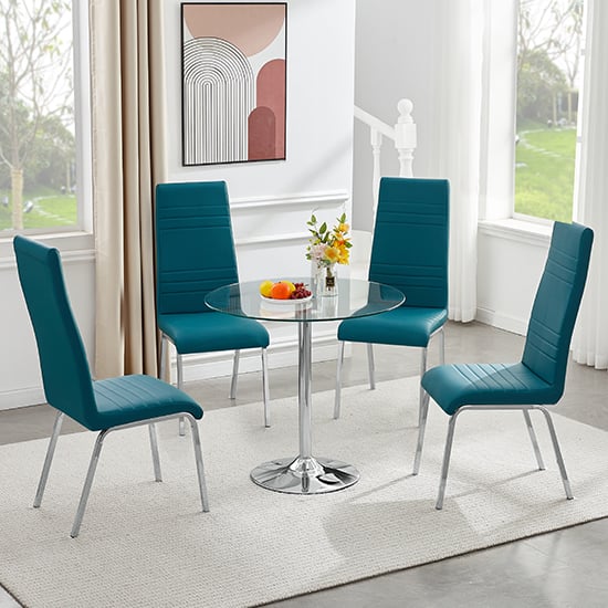 Danville Round Clear Glass Dining Table With 4 Dortmund Teal Chairs