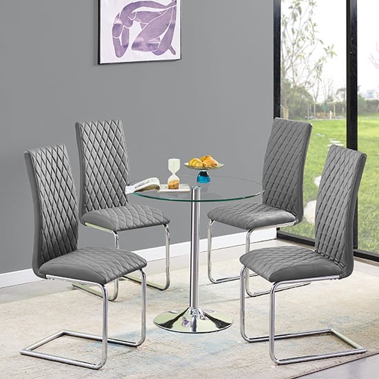 Danville Round Clear Glass Dining Table With 4 Rinks Grey Chairs