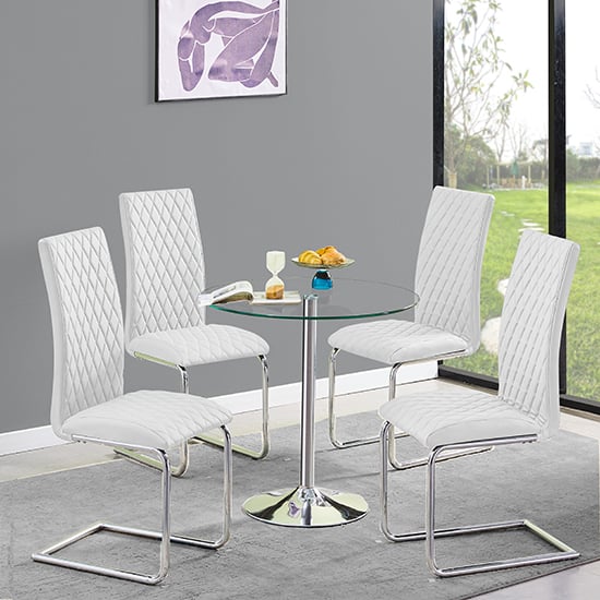 Danville Round Clear Glass Dining Table With 4 Rinks White Chairs