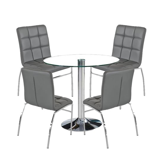 Danville Round Glass Dining Set With 4 Grey PU Leather Concord Chairs