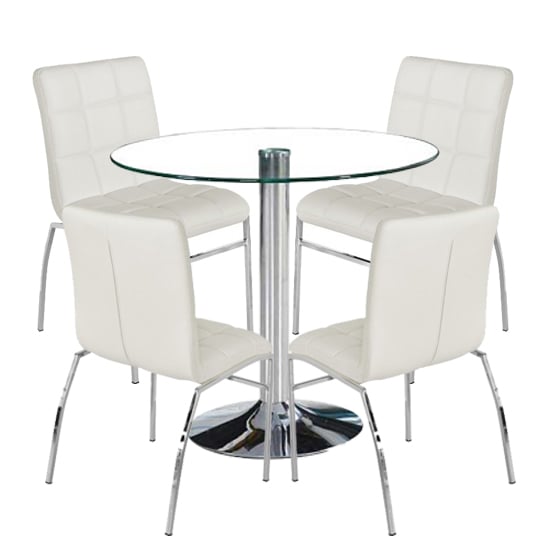 Danville Round Glass Dining Set With 4 White PU Leather Concord Chairs